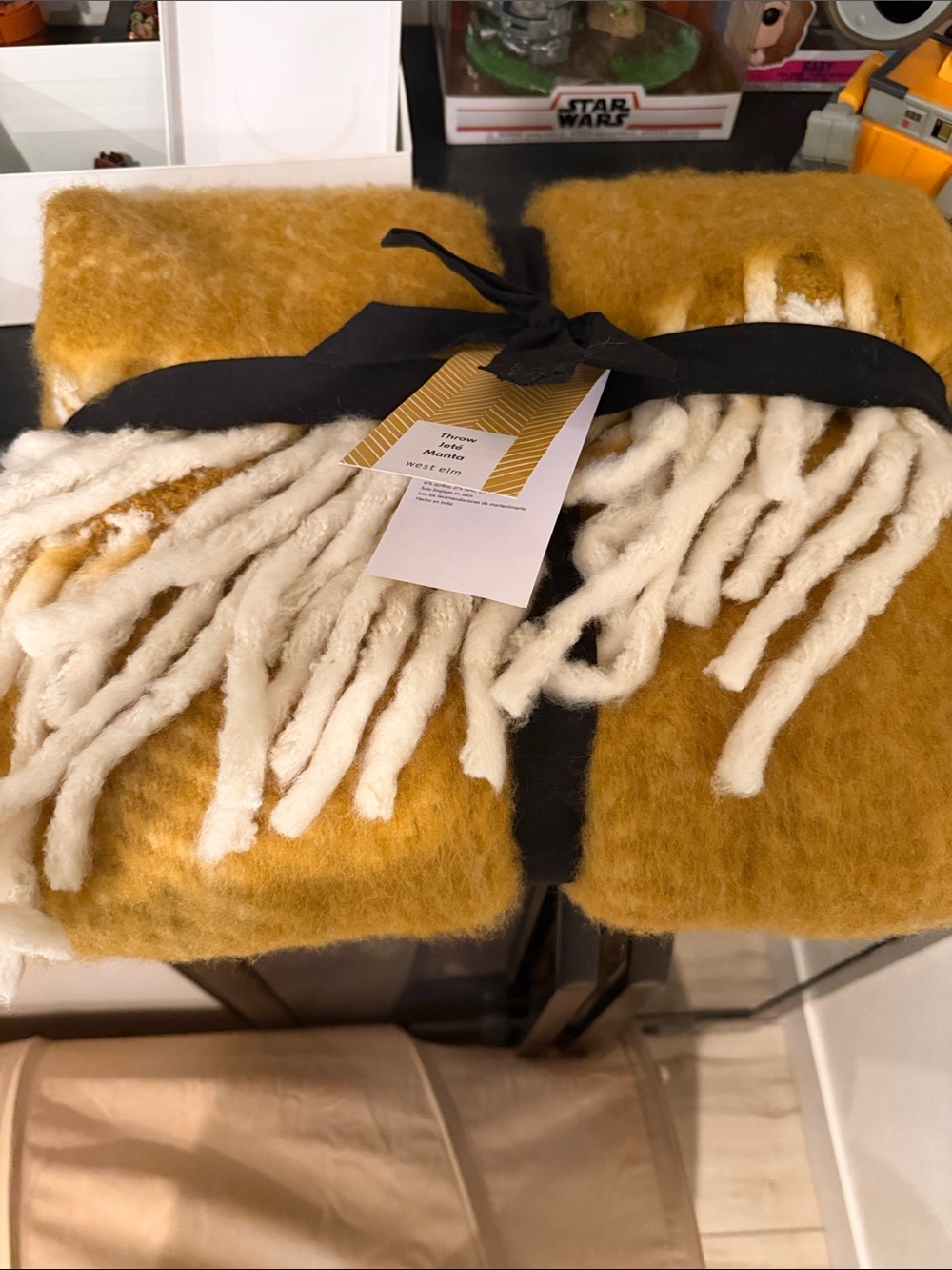 West Elm Mustard Yellow Throw with Cream Fringe